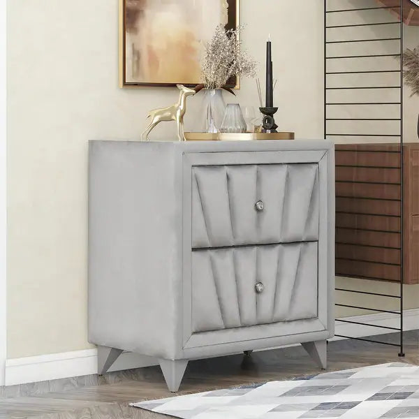 Velvet Upholstered 2 Drawers Wooden Night Stand - Bed & Mattress Zone