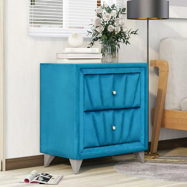 Velvet Upholstered 2 Drawers Wooden Night Stand - Bed & Mattress Zone